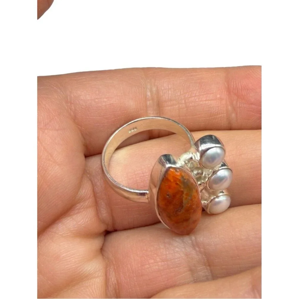 Orange Mohave Turquoise & Freshwater Pearl Ring Size 7 Solid 925 Sterling Silver